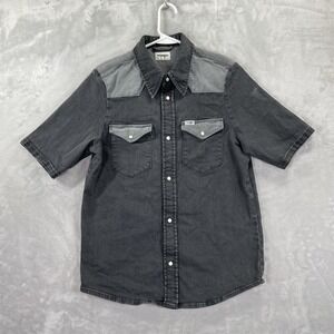 Wrangler Shirt men's Small Denim Pearl Snap Button Up Black Western Flap Pockets